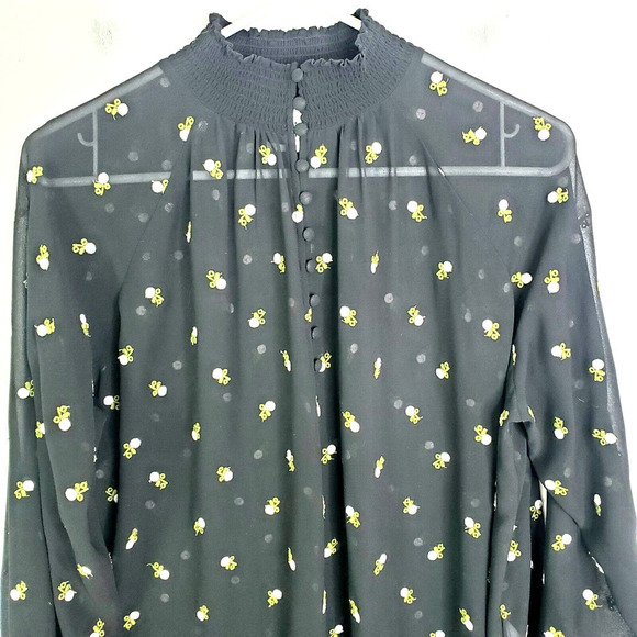 CAbi Blouse Womens S Embroidered Contrast Florals Smocked High Neck Dark Sheer - Picture 2 of 9